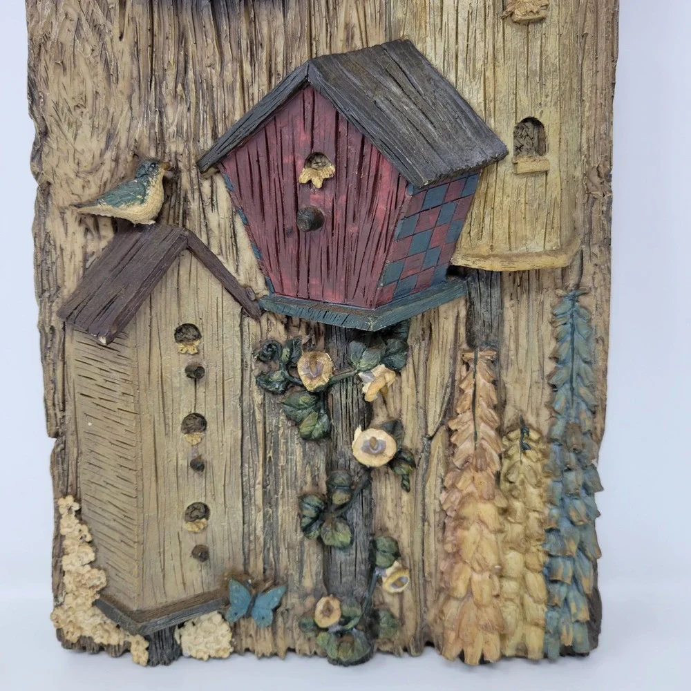 Rustic Birdhouse 3D Relief Wall Clock Faux Wood Resin‎ Cabin Nature Decor